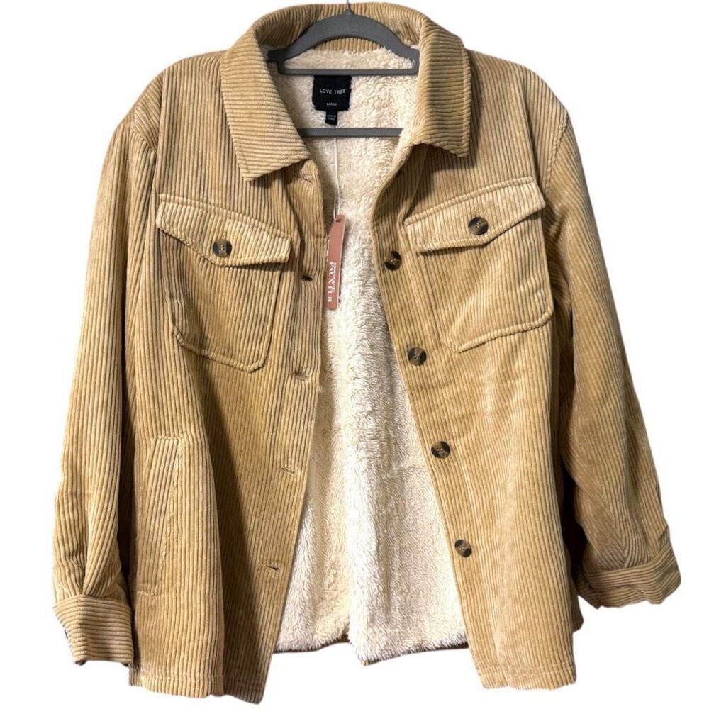 Tan Corduroy Button Up Jacket - Sherpa Lined Size Large NWT - Love Tree - Picture 11 of 13